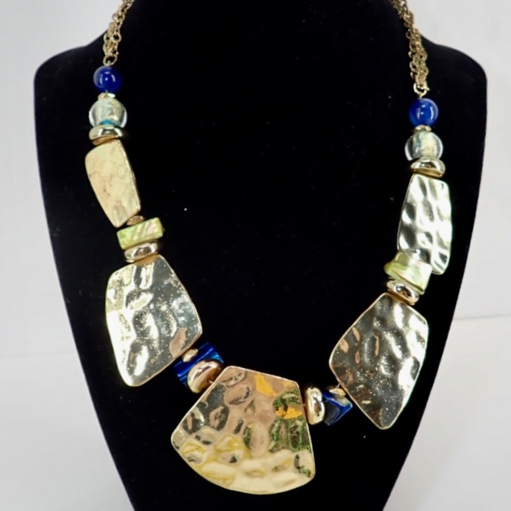 Gold Tone Statement Chunky Runway Blue Green Glass Bead Accent Bib Necklace 24"